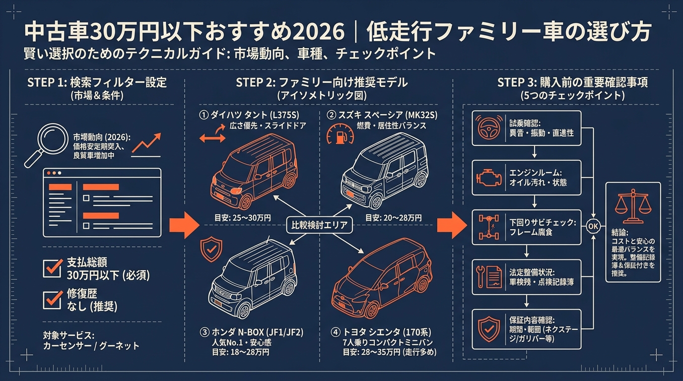 中古車30万円以下おすすめ2026｜低走行ファミリー車の選び方 アイキャッチ（PC用）