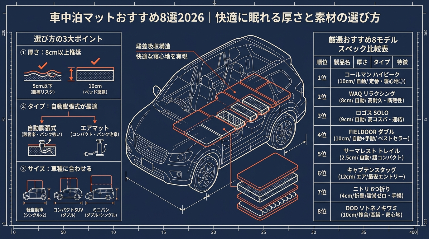 車中泊マットおすすめ8選2026｜快適に眠れる厚さと素材の選び方