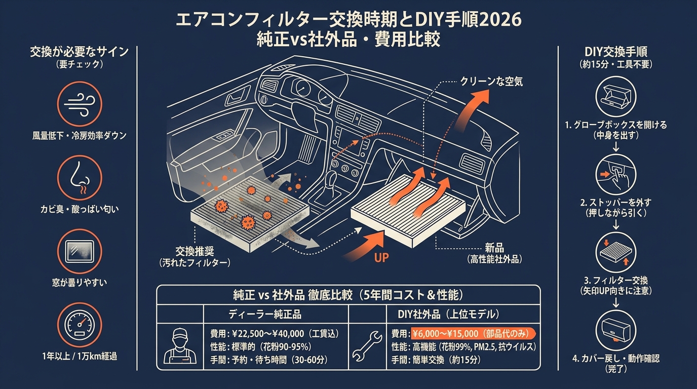 エアコンフィルター交換時期とDIY手順2026 純正vs社外品比較・費用・おすすめなど