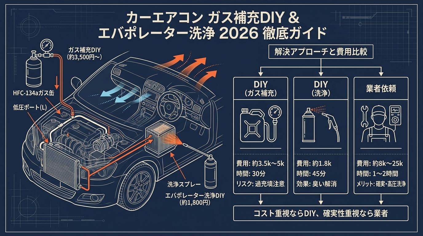カーエアコン ガス補充DIY2026 費用・エバポレーター洗浄・臭い対策・業者比較など
