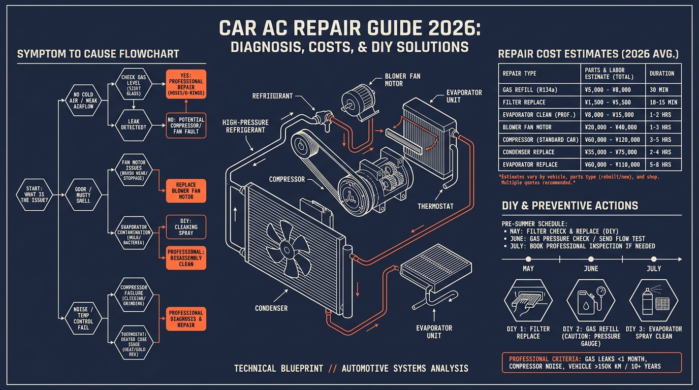 車エアコンが効かない原因と修理費用2026 ガス漏れ・コンプレッサー・フィルター診断・DIY対策など