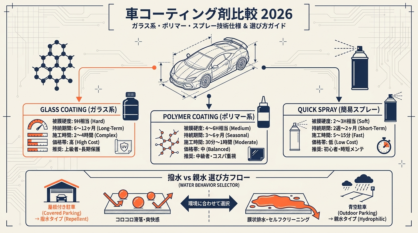 車コーティング剤おすすめ2026 ガラス系・ポリマー・スプレー比較・持続期間など