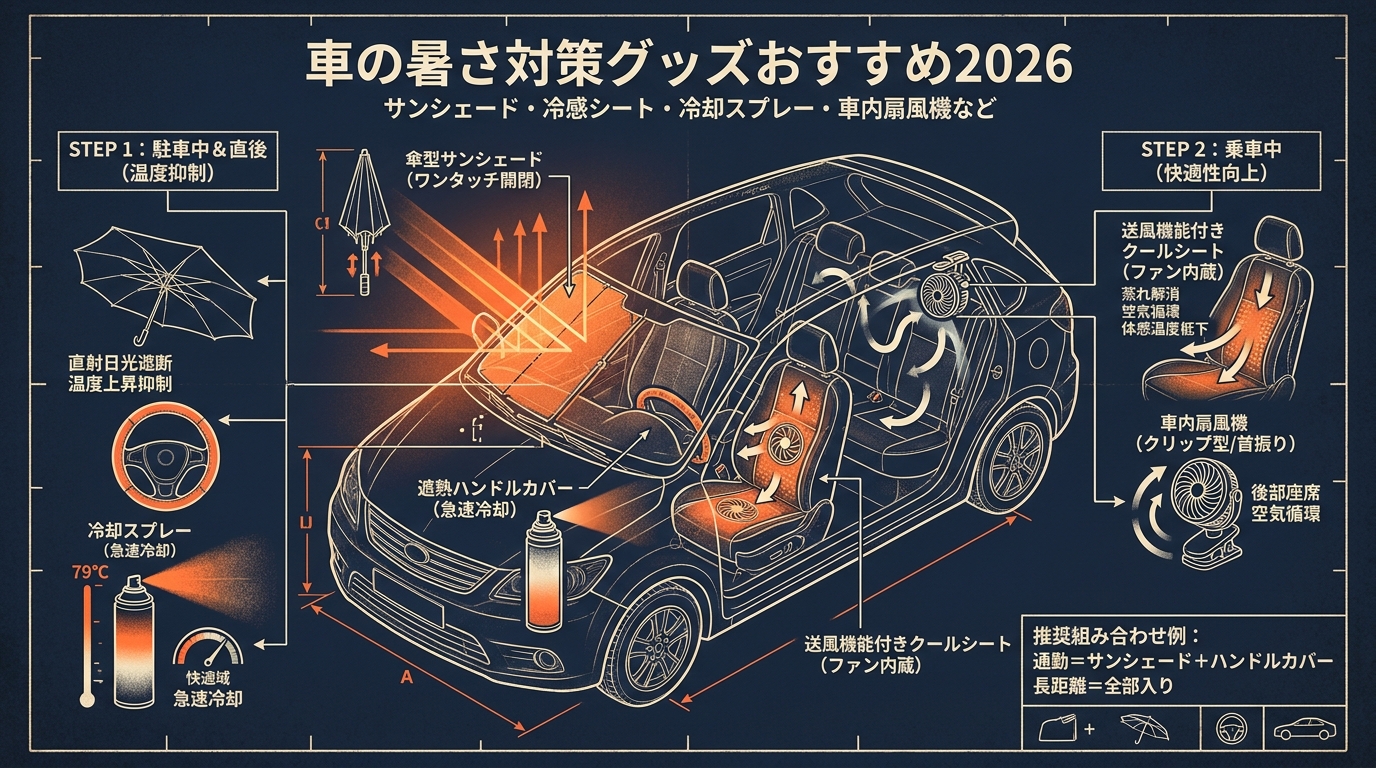 車の暑さ対策グッズおすすめ2026 サンシェード・冷感シート・冷却スプレー・車内扇風機など