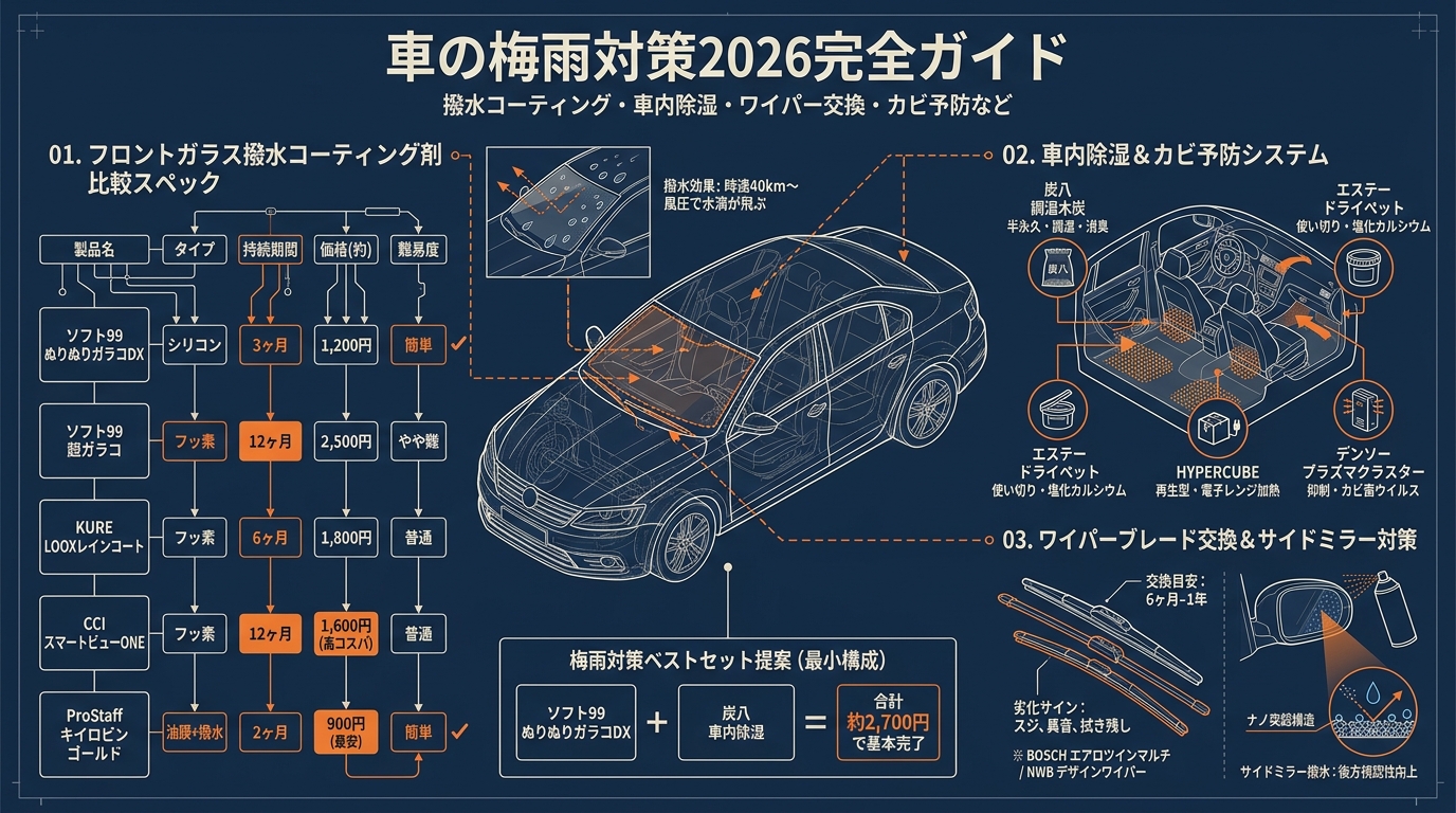 車の梅雨対策2026完全ガイド 撥水コーティング・車内除湿・ワイパー交換・カビ予防など