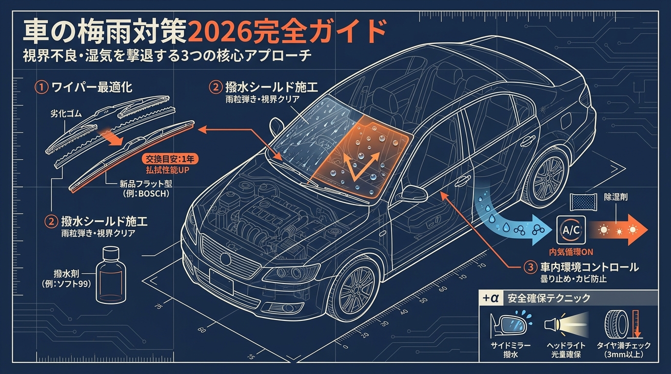車の梅雨対策2026完全ガイド ワイパー交換・撥水コーティング・車内除湿・視界確保など アイキャッチ（PC用）
