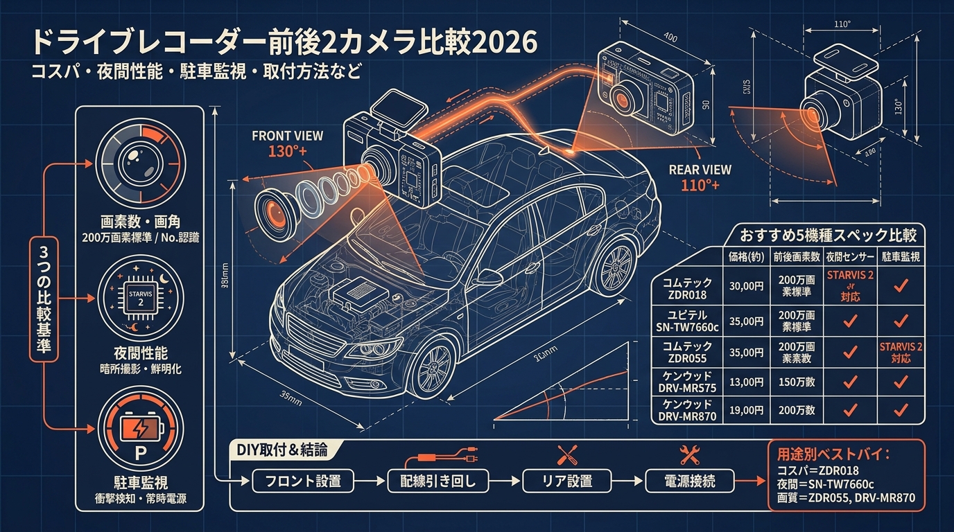 ドライブレコーダー前後2カメラ比較2026 コスパ・夜間性能・駐車監視・取付方法など