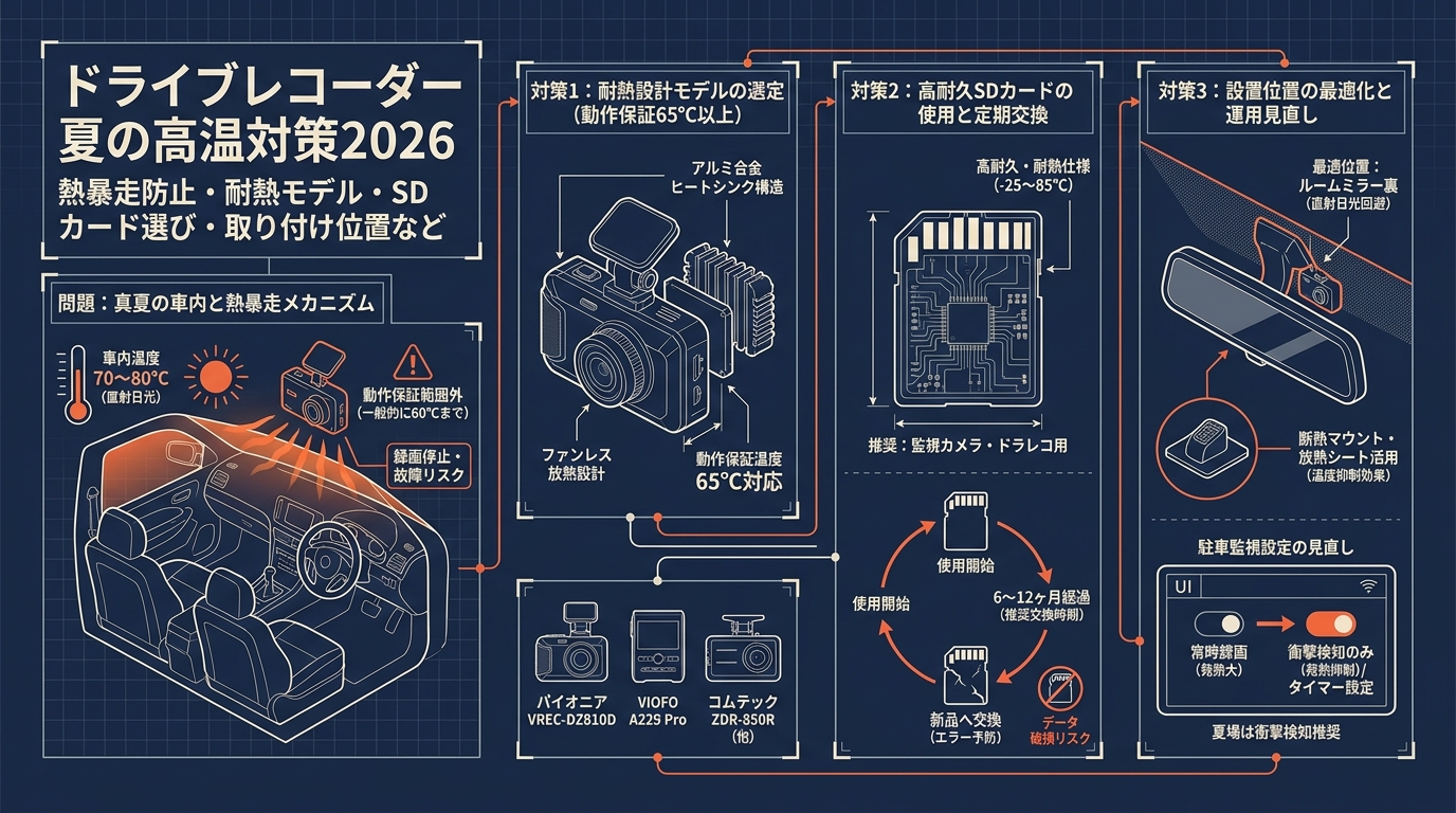 ドライブレコーダー夏の高温対策2026 熱暴走防止・耐熱モデル・SDカード選び・取り付け位置など