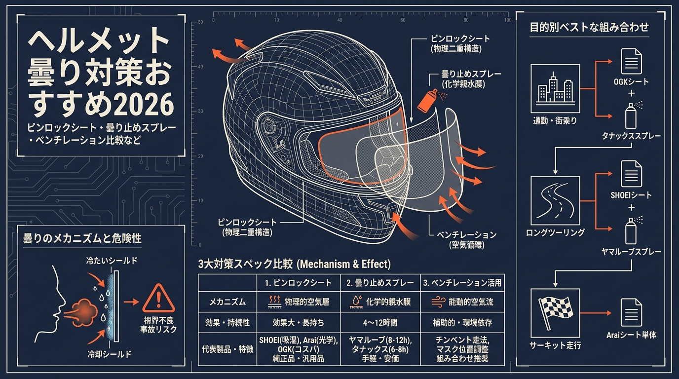 ヘルメット曇り対策おすすめ2026 ピンロックシート・曇り止めスプレー・ベンチレーション比較など