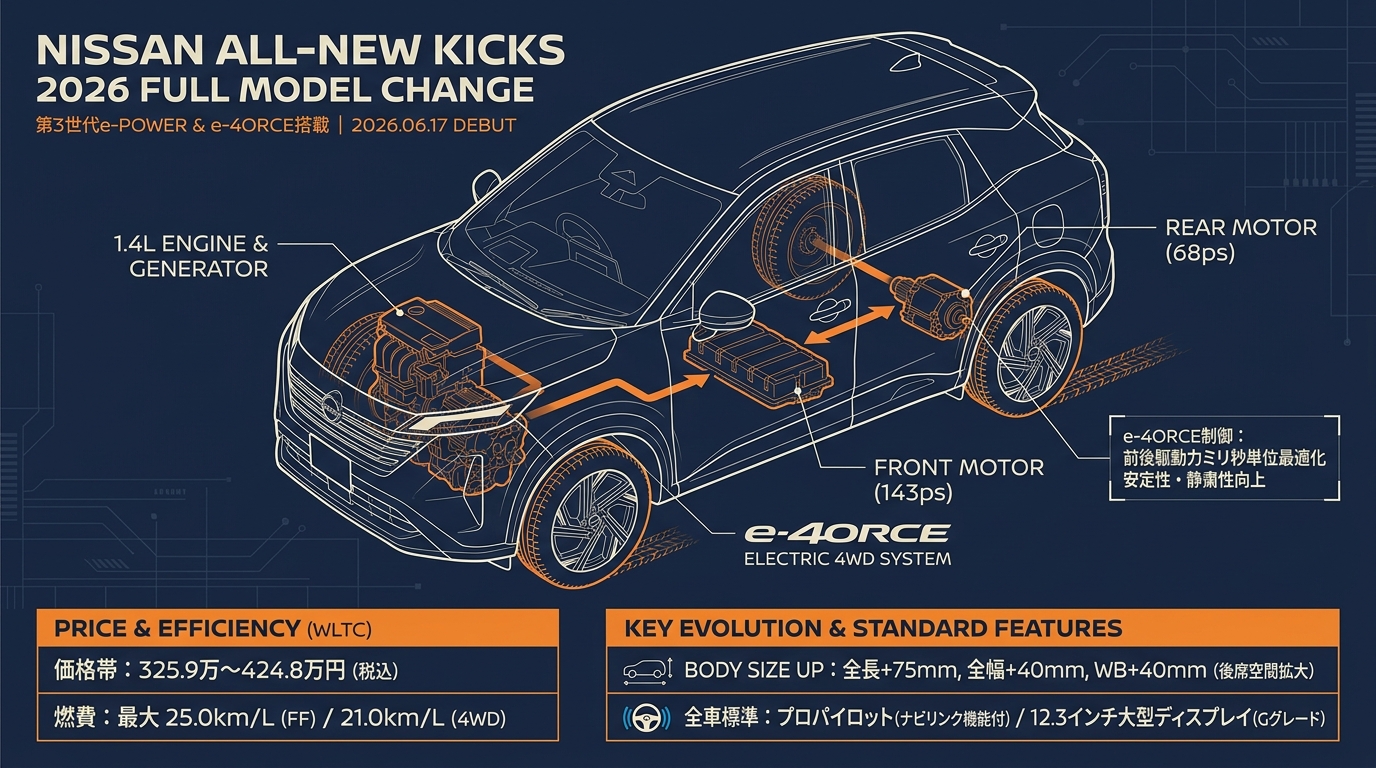 日産新型キックス2026フルモデルチェンジ 発売日・価格・e-4ORCE・燃費など