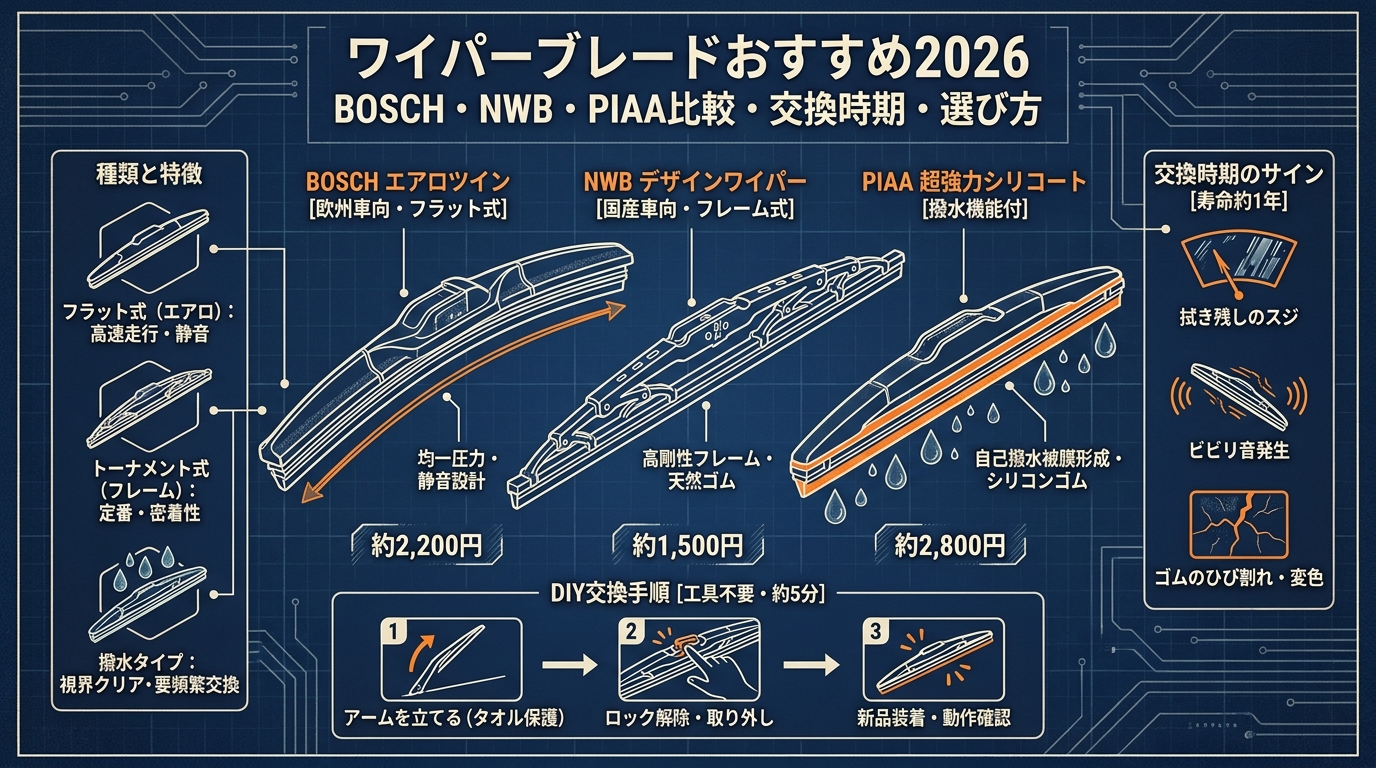ワイパーブレードおすすめ2026 BOSCH・NWB・PIAA比較・交換時期・選び方など